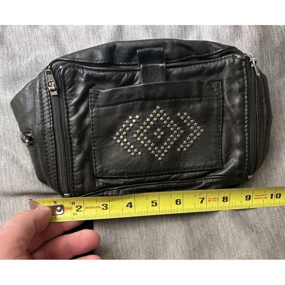 Vintage Leather Studded Belt Bag Unisex Zipper Pockets Travel Bag Black - Picture 9 of 9